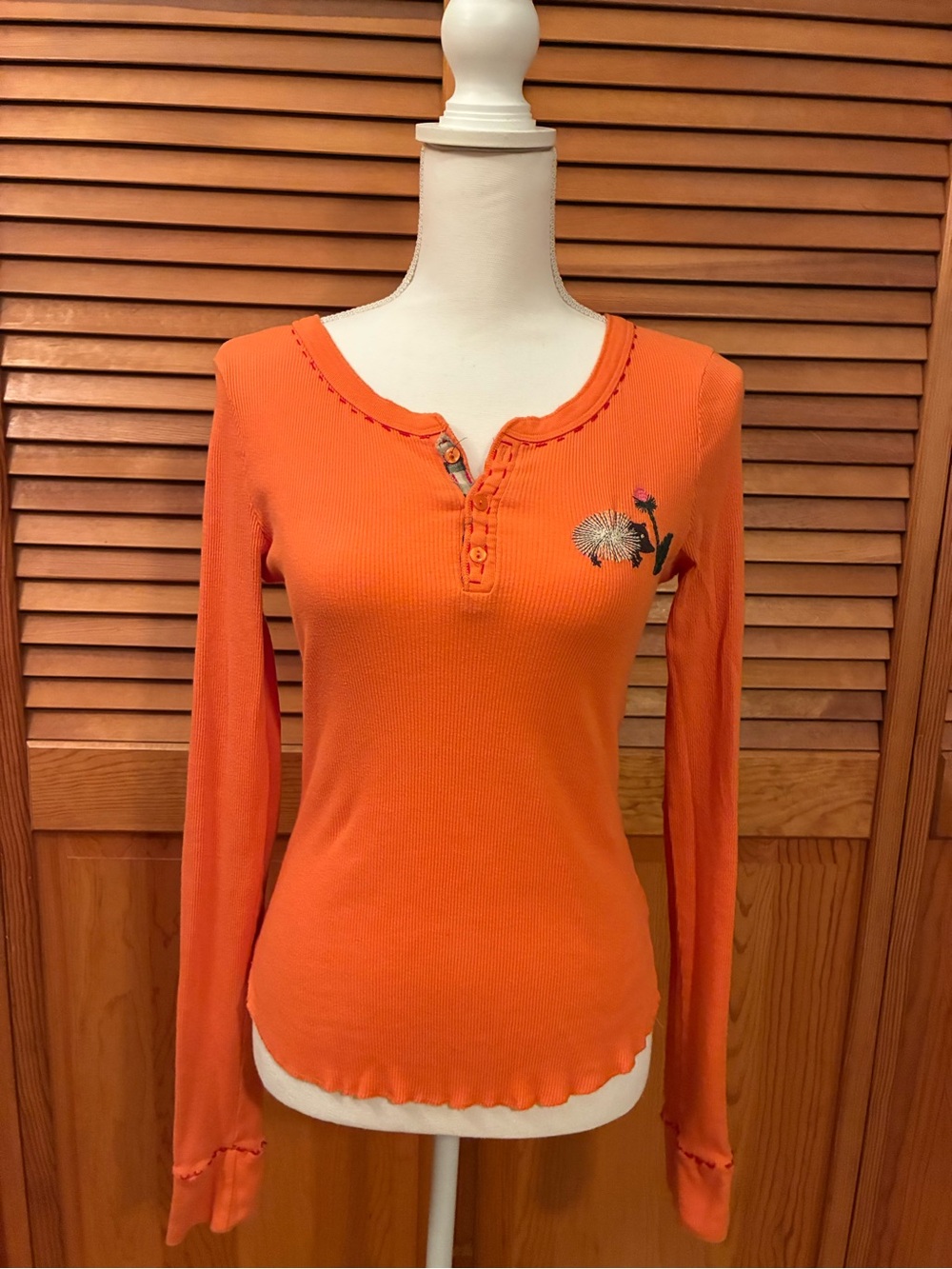 Free People Orange Ribbed Henley with Floral Embroidery